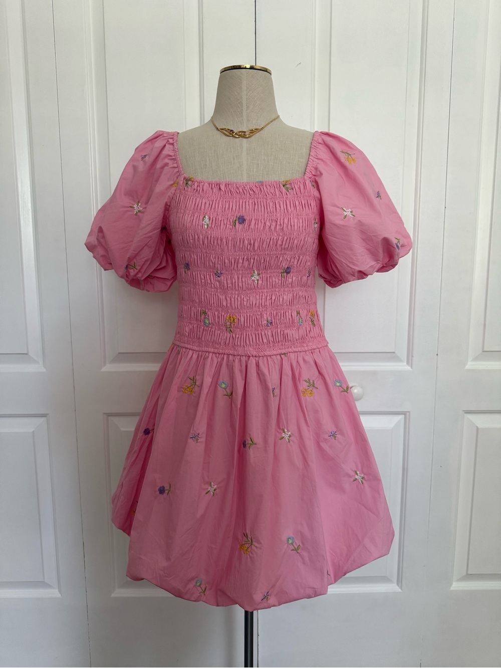 English Factory Pink Embroidered Smocked Floral Balloon Sleeve Dress